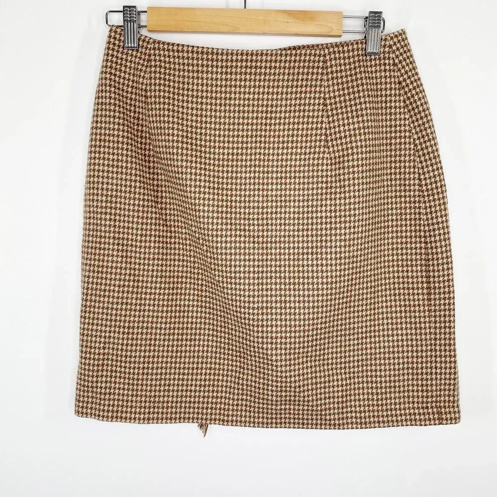 The Limited Brown Tan Houndstooth Fringe Trim Wrap Skirt Women's Size Medium‎ M